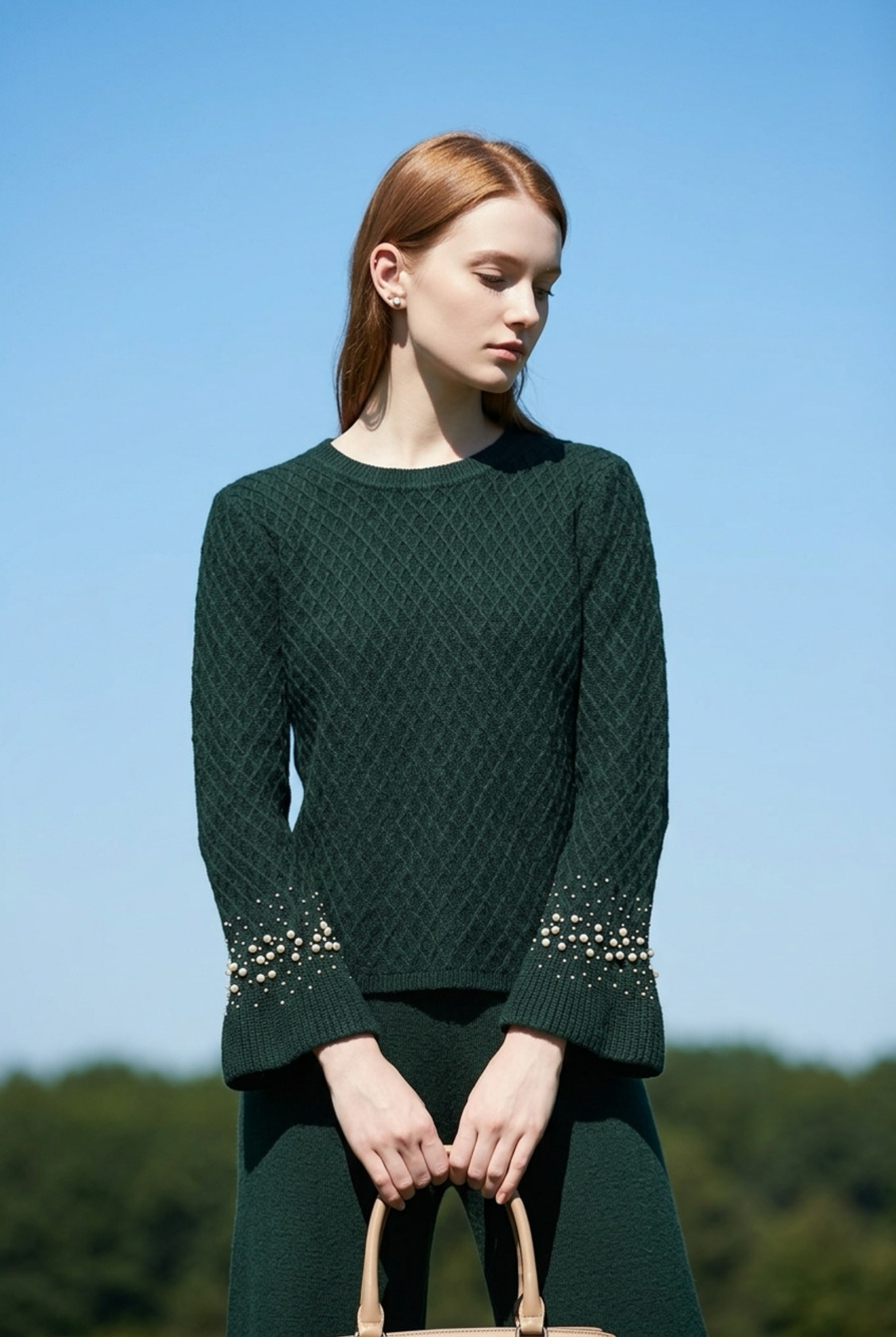 Karl Lagerfeld Paris Sweater Size XL Dark Green Faux Pearl Bell Sleeve